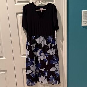 Chico's L Black & Blue Floral Midi Dress
